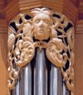 Carved wood sculpture, face, Gottfried and Mary Fuchs Organ, Pacific Lutheran University